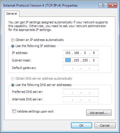 [Setup Network] Step 6 Select [Use the following IP address] and set "IP address" and "Subnet mask" as follows: IP address: 192.168.0.9 Subnet mask: 255.