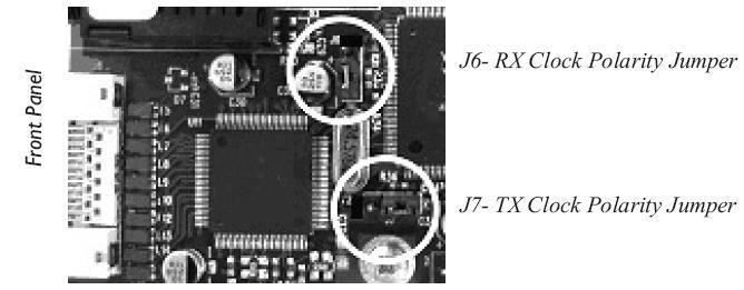 Transmit (TX) Clock Polarity Jumper (J7) The TX Clock Polarity jumper (J7), also located near the front panel of the circuit board, selects the polarity of