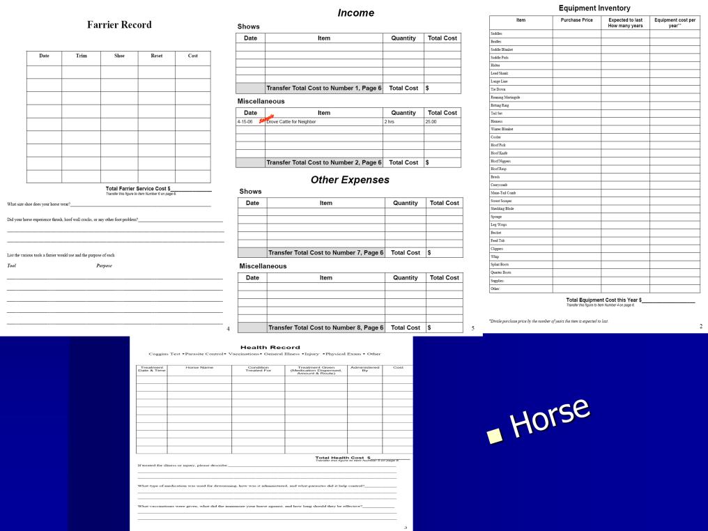 FARRIER RECORD - Horses only Record each time you have your horse trimmed, shoed or reset. Date, type of service and the cost. Total at the bottom of the chart.