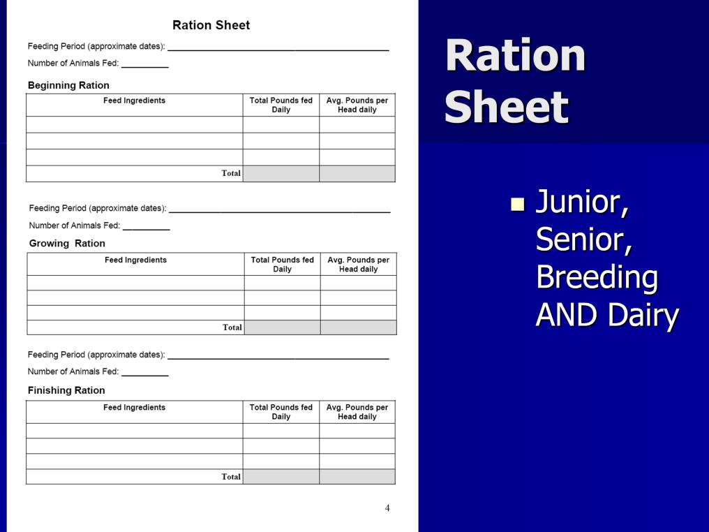 RATION SHEET Need to fill all three ration tables out. Even if you feed the same feed thru out the project year.