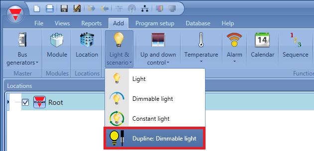 2.1 How to set a Dupline: dimmable light function This function allows the installer to manage one Dupline dimmer output from the following modules: BH4-D230W2-230, BH4-500W-230, SH2D500W230,