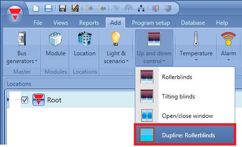 2.2 How to set a Dupline: Rollerblinds function The user can either configure a basic function to move blinds up and down, or implement an automated system by programming the relevant objects of the