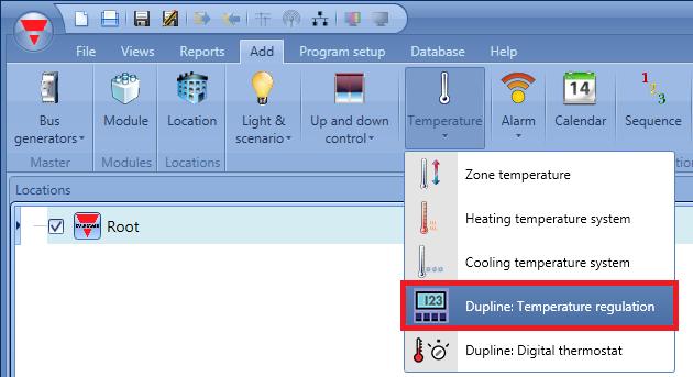 2.5 How to set a Dupline: Temperature regulation function To set up a Dupline: Temperature regulation function, the user has to select Temperature from the Add menu, then select Dupline: Temperature
