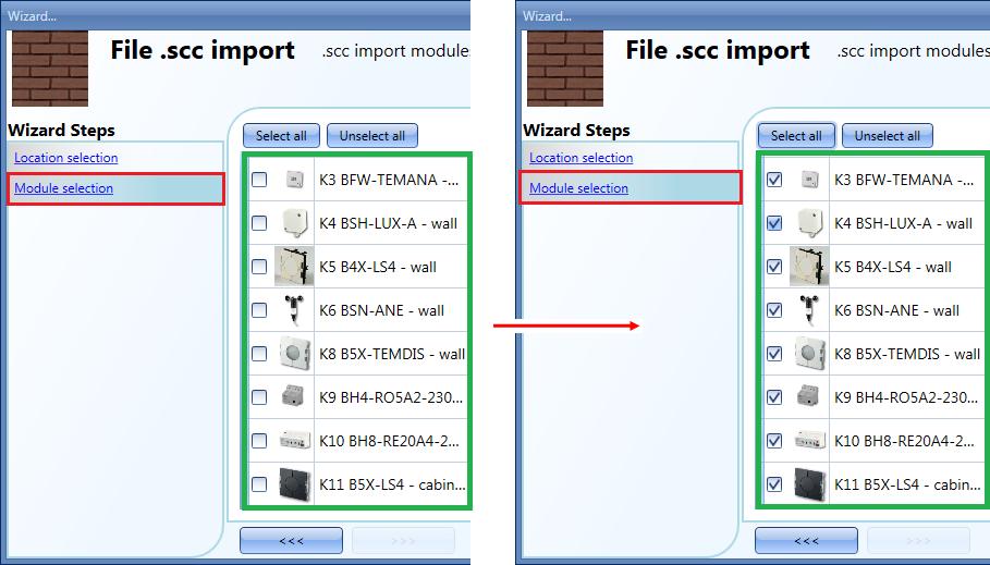 In the Module selection window the user has to select which modules he wants to import into the project.