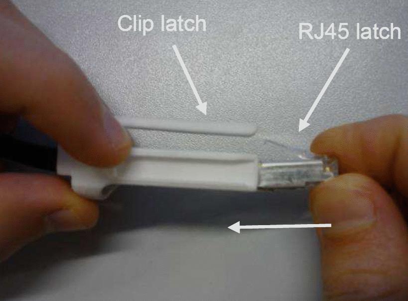 Insert the RJ-45 plug inside the unlocking clip NOTE: MPR-E doc says locking