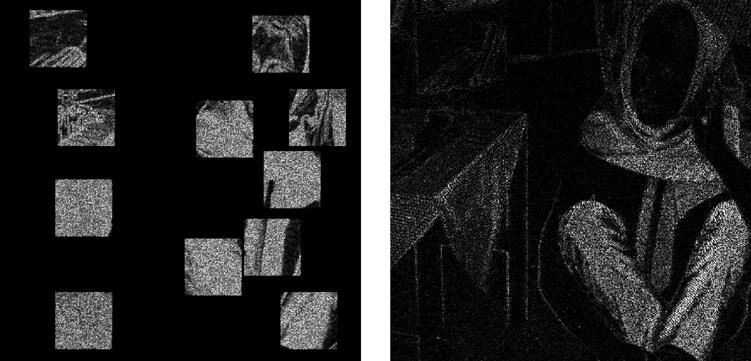 Illustration of sample test watermarks and their footprints. Proposed SLIDE watermark (left) and JAWS watermark (right), both scaled by a constant factor of 20 to make them visible.