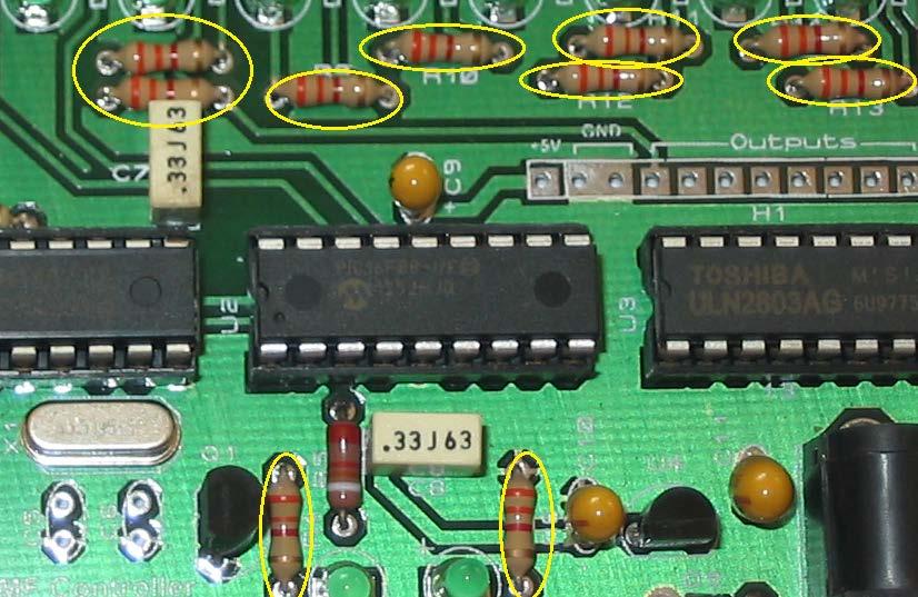 Insert the 10 3.3K ¼ Watt Resistors. These go into R4, R6, R7, R8, R9, R10, R11, R12, R13, & R14.
