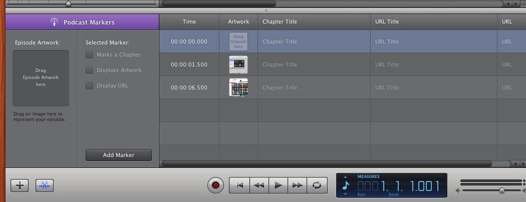 6. PODCASTS Garageband can turn any project into a podcast. To do this you will need to display the podcast track. The podcast track allows you to insert chapters for your podcast.