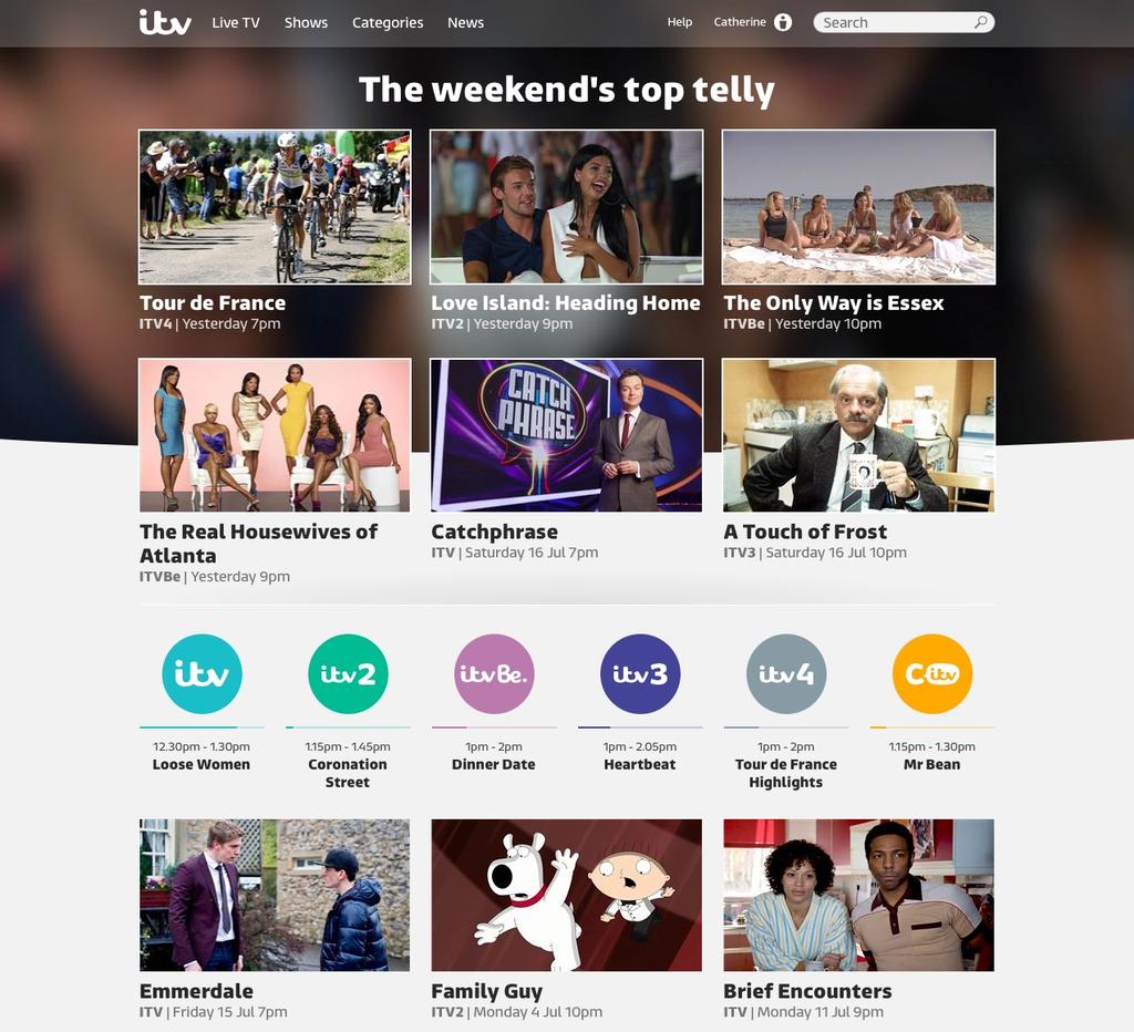 used flexibly to promote different functions of the VoD player as catch- up service, as archive and as transmitter of original content. Figure 1. ITV Hub home page, July 2016.