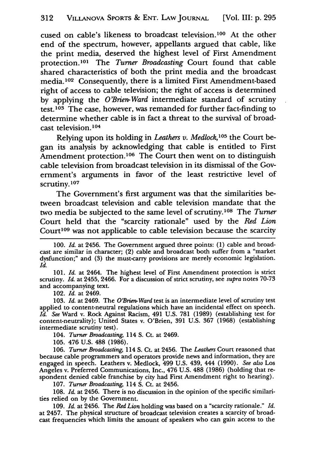 312 ViLLANOVA Jeffrey S. Moorad SPORTS Sports & Law ENT. Journal, LAWJouRNAL Vol. 3, Iss. 1 [1996], Art. [Vol. 8 III: p. 295 cused on cable's likeness to broadcast television.