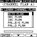 Press F1 to learn a channel plan. A prompt appears to instruct you to connect the CATV cable to the Model Two. A list of 8 base Channel Plans is displayed.