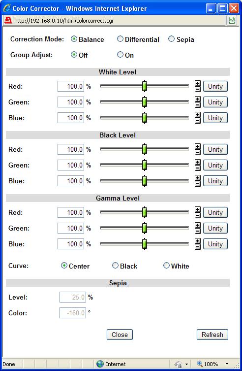 9-2-8. Color Corrector Clicking block (8) on the video block diagram opens the Color Corrector dialog box. See section 5-2-4 COLOR CORRECTOR (C.C.) for details.