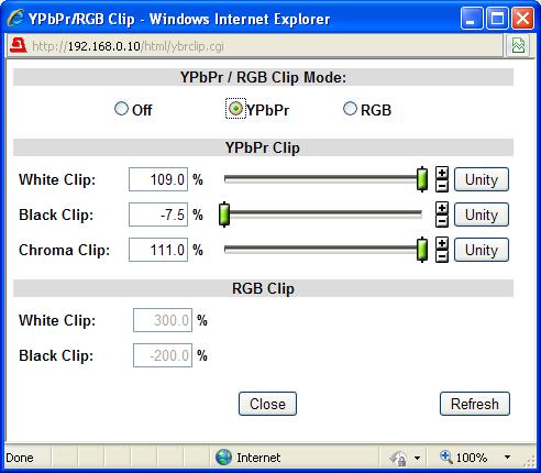 9-2-10. YPbPr/RGB Clip Clicking block (11) on the video block diagram opens the YPbPr/RGB setting dialog box. See section 5-6-3 VIDEO CLIPSetting range for details.