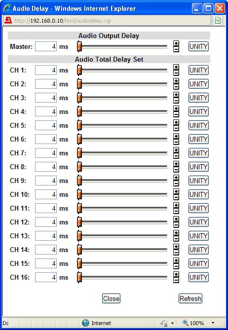9-3-5. Audio Output Delay Clicking block (5) on the audio block diagram opens the Audio Delay dialog box. After completing the settings, click Close to close the dialog box.