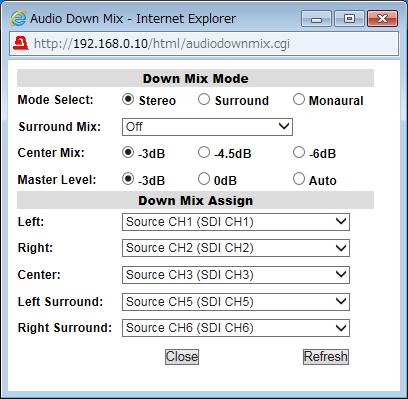 9-3-9. 5.1Ch Down Mix Clicking block (9) on the audio block diagram opens the Audio Down Mix dialog box. See section 6-7 DOWN MIX SET for details.
