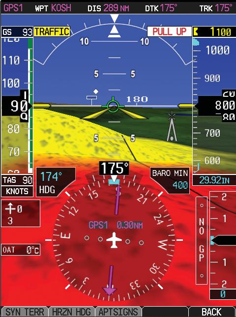 PRIMARY FLIGHT DISPLAY (PFD) Additional Features Garmin Synthetic Vision Technology (Optional) Synthetic Vision Technology (SVT) is offered as an optional feature to the G500.