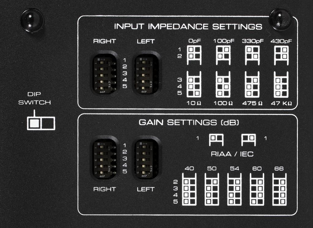 MOON by Simaudio Input Settings for cartridge adjustments Always power off the unit (by unplugging the power supply) before making any change of input settings via the bottom accessible dipswitches.