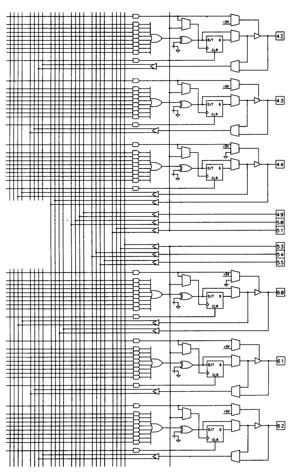 The EP1800's programmable array is split into four identical quadrants that have limited interconnects. Portions of two quadrants are shown in the figure.