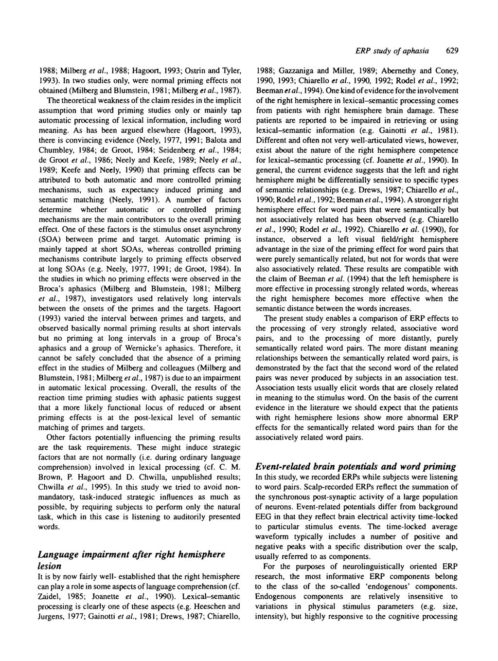 ERP study of aphasia 629 1988; ilberg et al., 1988; Hagoort, 1993; Ostrin and Tyler, 1993). In two studies only, were normal priming effects not obtained (ilberg and Blumstein, 1981; ilberg etal.