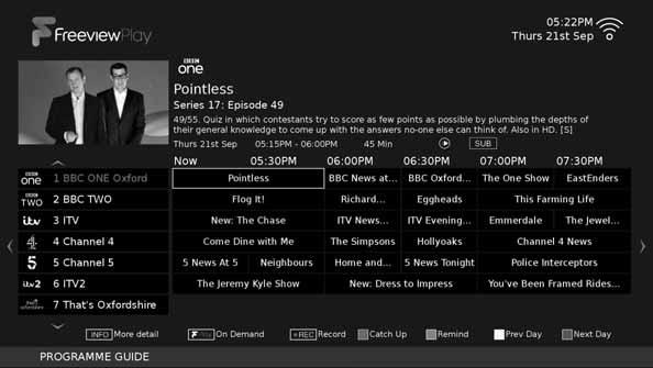 7 Day TV Guide and Channel List 7 DAY TV GUIDE TV Guide is available in Saorview/Freeview TV mode.