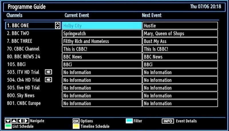 Press GREEN button to list the schedule. Press BLUE button to display fi ltering options. Note: There are alternative views of EPG screen.