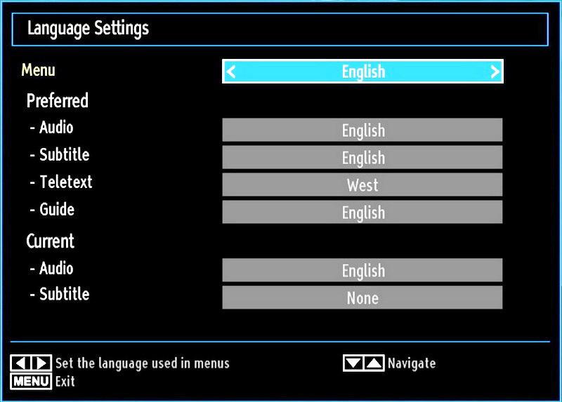 Language Selection Language Settings Using this menu you can adjust the preferred language settings. Select Language from Setup menu and press OK to view this menu.