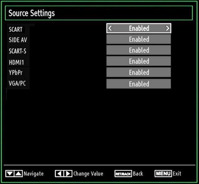Source Settings, Other Controls Configuring Source Settings You can enables or disable selected source options. The TV will not switch to the disabled source options when SOURCE button is pressed.