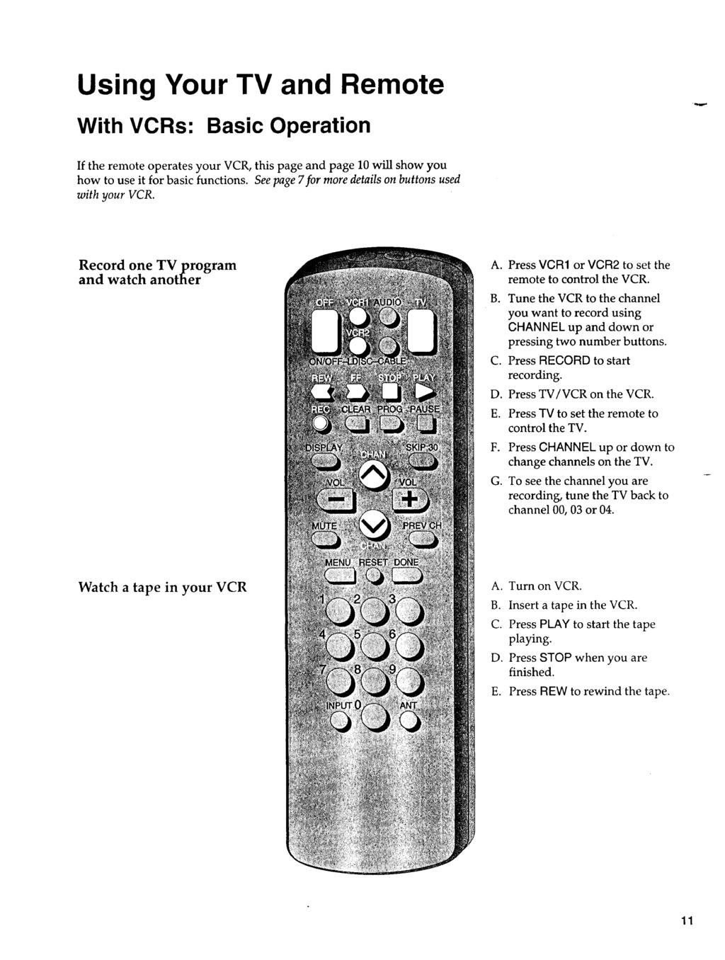 Using Your TV and Remote With VCRs: Basic Operation If the remote operates your VCR, this page and page 10 will show you how to use it for basic functions.