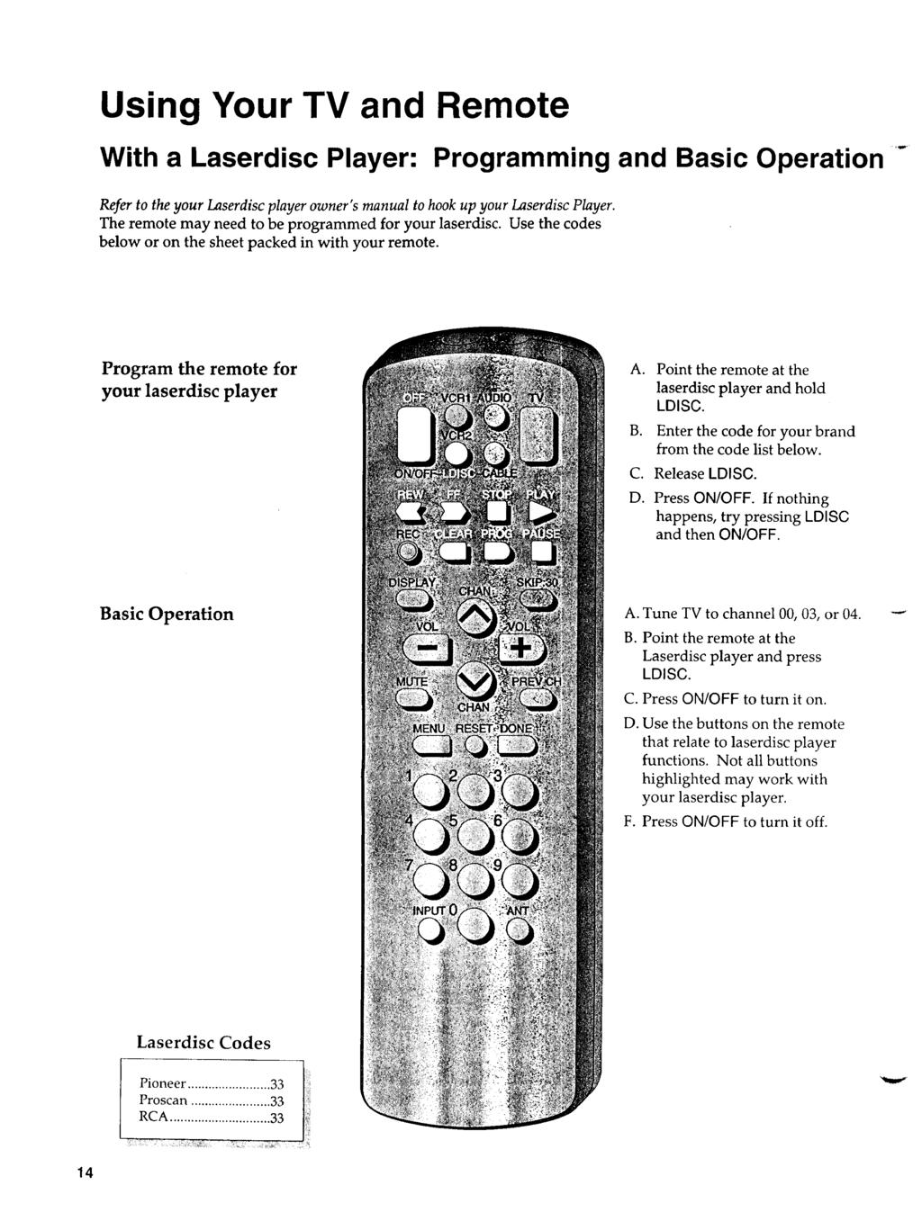 Using Your TV and Remote With a Laserdisc Player: Programming and Basic Operation Refer to the your Laserdisc player owner's manual to hook up your Laserdisc Player.