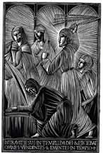 ERIC GILL 92. GILL, Eric. Christ and the Money-Changers. Original proof wood engraving. Framed and glazed. 14 x 9 cms. 1919.