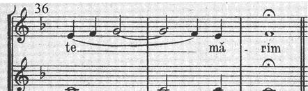 Example 17: Dmitri Bortneanski, Cuvine-se cu adevărat, b. 18-21 Starting from bar 23 and up to the end the manner in tutti is used again, with homophonic methods similar to the one already presented.