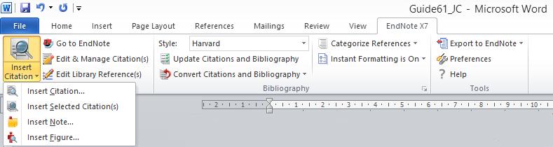 Cite While You Write (CWYW) in EndNote. After restarting MS Word you should see an EndNote X7 ribbon in your menu. 4.