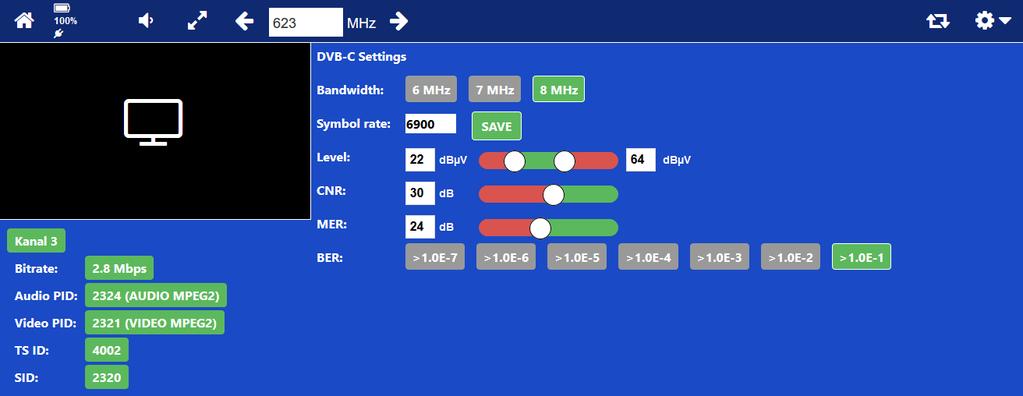 These parameters include - Level, C/N, MER, BER, CBER, VBER, SNR, Bitrate, Delay, CC errors (depends on the selected modulation) 4.1.3.