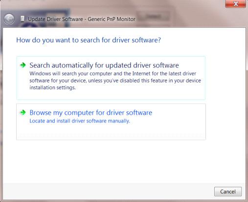 Open the "Update Driver Software-Generic PnP Monitor" window by clicking on Update Driver.