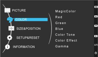MagicBright Coarse Menu Description Provides preset picture settings optimized for various user environments such as editing a document, surfing the Internet, playing games, watching sports or movies