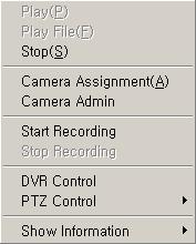 The six functions are 1) Play (P), 2) Play File (F), 3) Stop (S), 4) Camera Assignment (A), 5) Start Recording (R) and 6) Stop Recording (E).