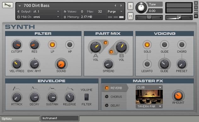 Overview General Structure of the Library 1.1.4 Synth The 700 Dirt Bass from the Synth collection. This collection contains all of the contemporary styles of synthesized instruments you could want.