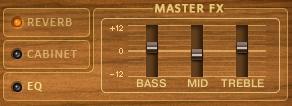The Instrument Collections Band Equalizer The EQ tab of the MASTER FX section. The EQ tab provides control over the gain of a fixed 3-band-EQ processor. The gain range is from -12dB to +12dB.