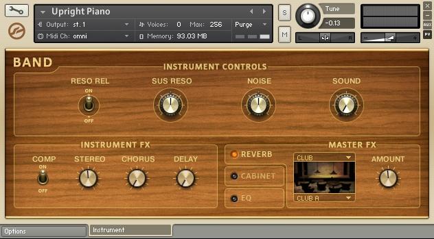 The Instrument Collections Band A Band Collection acoustic piano's Performance View. Instrument Controls The SUS RESO knob controls the sustain sample resonance and release sample volume.