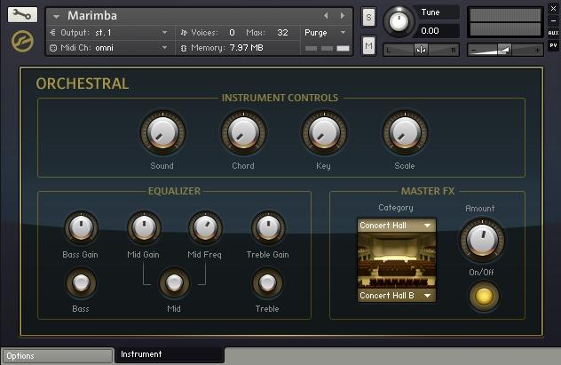 The Instrument Collections Orchestral 2.3.1 Common Features The pitched percussive Instruments Performance View. Instrument Controls The Sound knob morphs through preset EQ settings.