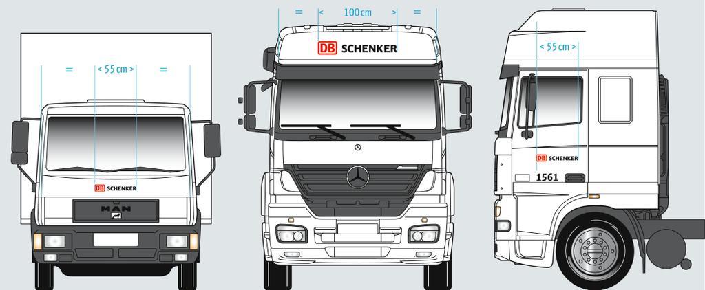 Markings on vehicle front and doors The logo is placed on the front (for example on the wind deflectors mostly 100cm wide) as well as the driver and passenger door (55cm wide) if the available space