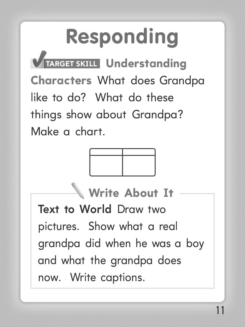 Read directions to children. English Language Learners Cultural Support Children might not understand that the black-and-white illustrations represent old photographs of Grandpa when he was a boy.