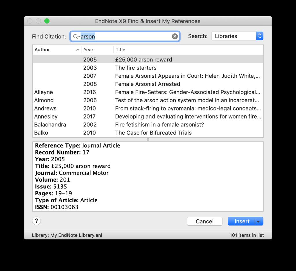 EndNote X9 Basics for Mac 18 Inserting citations into the text Now that you have some records in your library, Word and EndNote can work together so that you can create a Word document with correctly