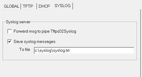 In the TFTP settings menu go to SYSLOG check the Save syslog messages box and enter the file location in the To file field: Click OK Click Box File Location From the TFTP main screen select the