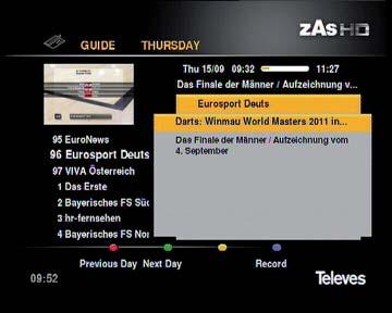 15 7. Electronic Program Guide (EPG) The ZAS HD SAT provides the Program Guide for the user to access the TV guide (and also radio guide), which displays information on current programming (or