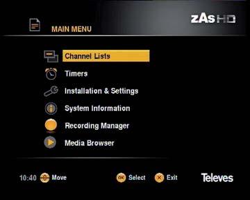 High Definition TV Satellite Receiver 16 8. Main menu Press MENU to activate the main menu.