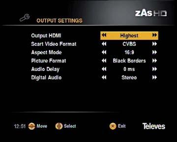 High Definition TV Satellite Receiver 20 11. Installation and Configuration Setting-up This menu lets you customize the functions of the ZAS HD SAT to suit your preferences. 11.1. Preferences Time bar information Between 1 and 10 seconds, select the time to show the banner on the screen every time you change channels using or keys.
