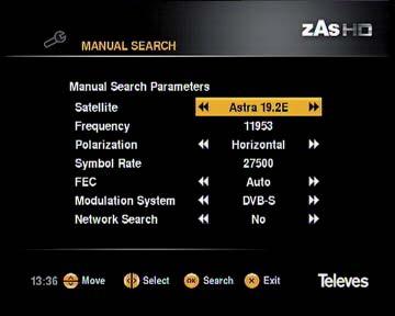 27 Search manual channels This menu lets you making a search in a given transponder belonging to a transponder list or add new transponders to the list.