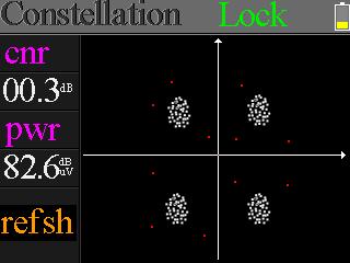 Constellation: Press [OK] to start and show the constellation Str: The strength of signal Qlt: The quality of signal Right is the constellation menu: The CNR, Power level and constellation chart will