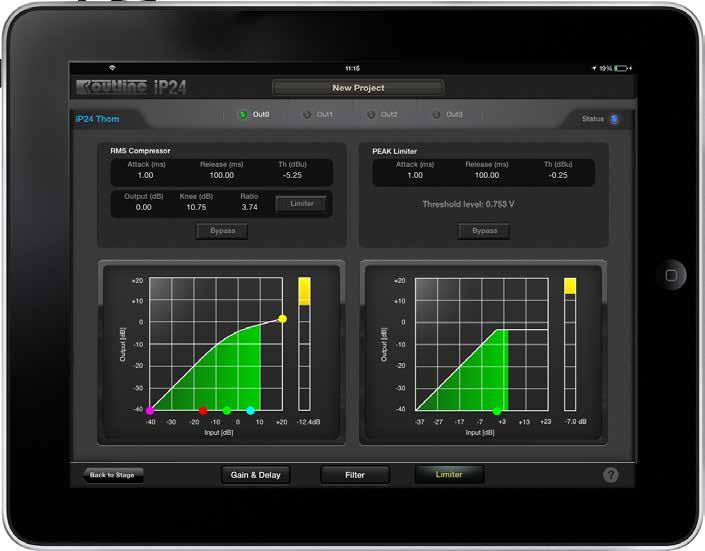 Output limiters ip24 description (name) Channels, tap on the name to set the current channel Connection status: on-line (blue) or off-line (red) RMS compressor/limiter parametrs, type to edit Peak